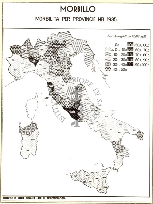 Cartogramma riguardante la morbilità per morbillo, divisa per province nel 1935