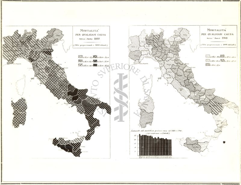 Cartogrammi riguardanti la mortalità per qualsiasi causa negli anni 1888 e 1908