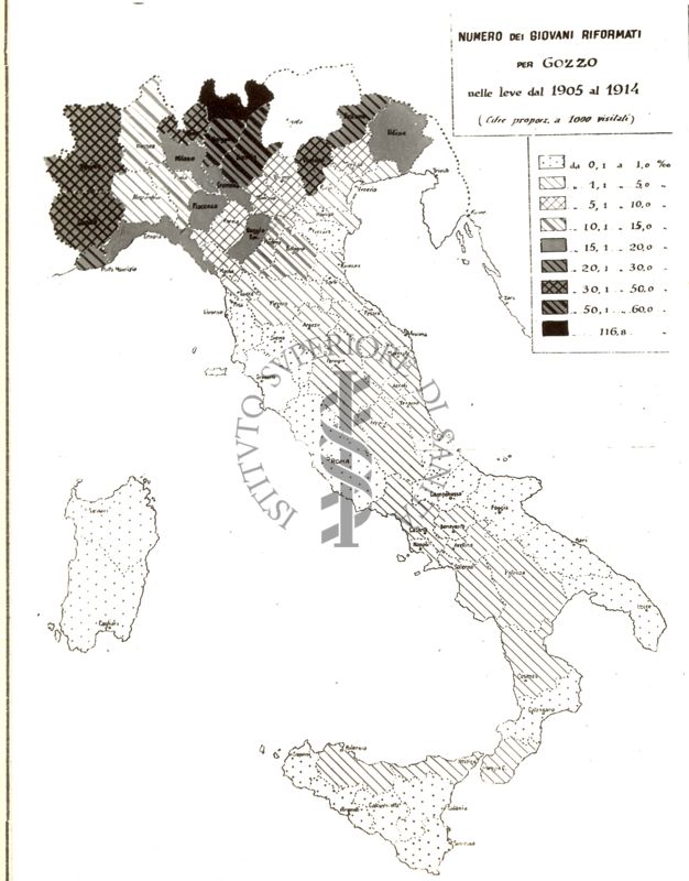 Cartogramma riguardante il numero dei giovani riformati per gozzo nelle Leve dal 1905 al 1914