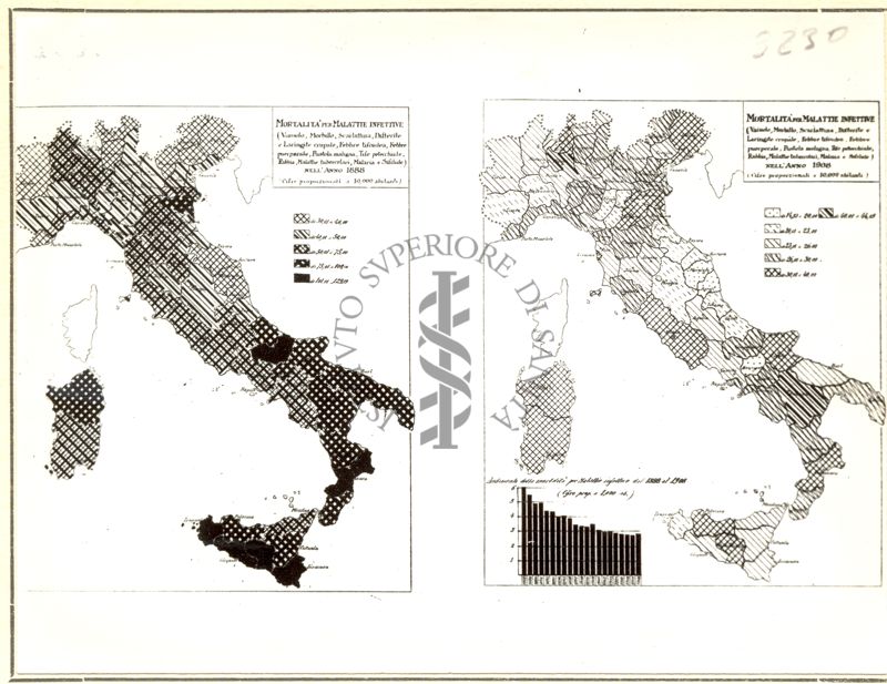 Cartogrammi riguardanti la mortalità per malattie infettive negli anni 1888 e 1908 ecc.