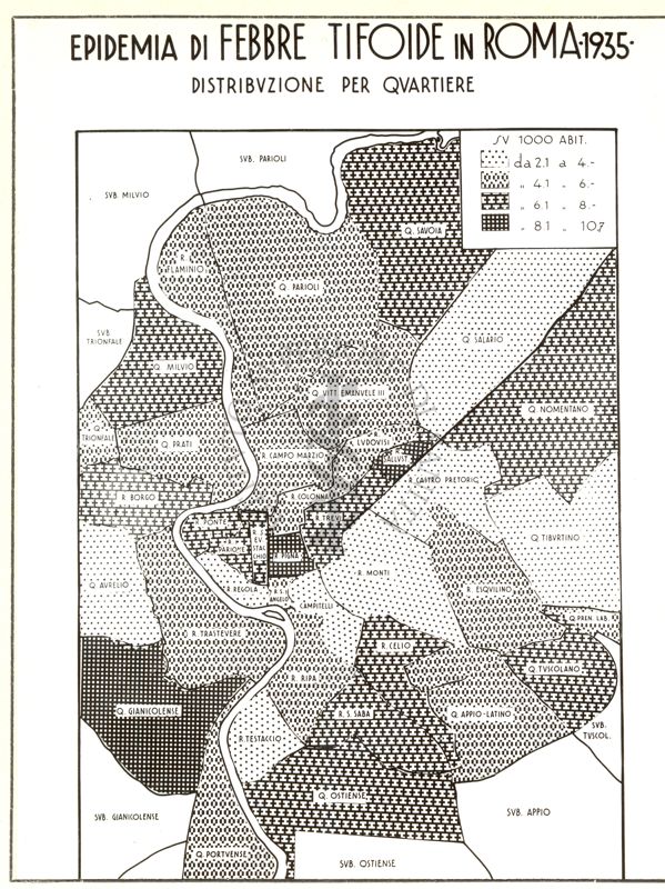 Cartogramma riguardante l'Epidemia di Febbre Tifoide in Roma nell'anno 1935