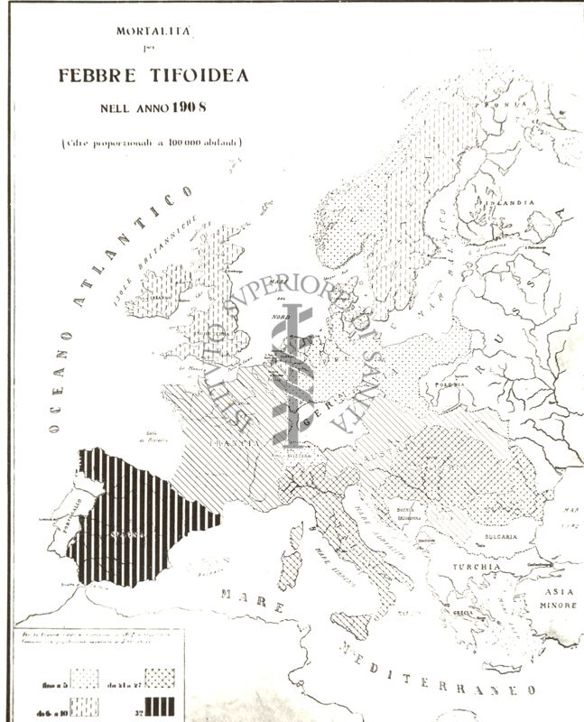 Carta d'Europa riguardante la mortalità per febbre tifoidea nell'anno 1908