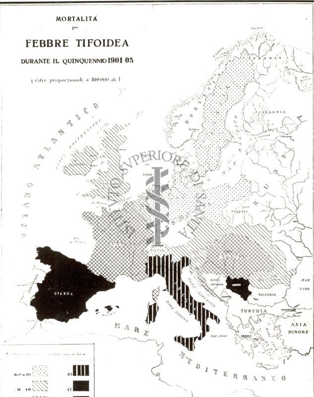 Carta d'Europa riguardante la mortalità per Febbre tifoidea durante il quinquennio 1901-05