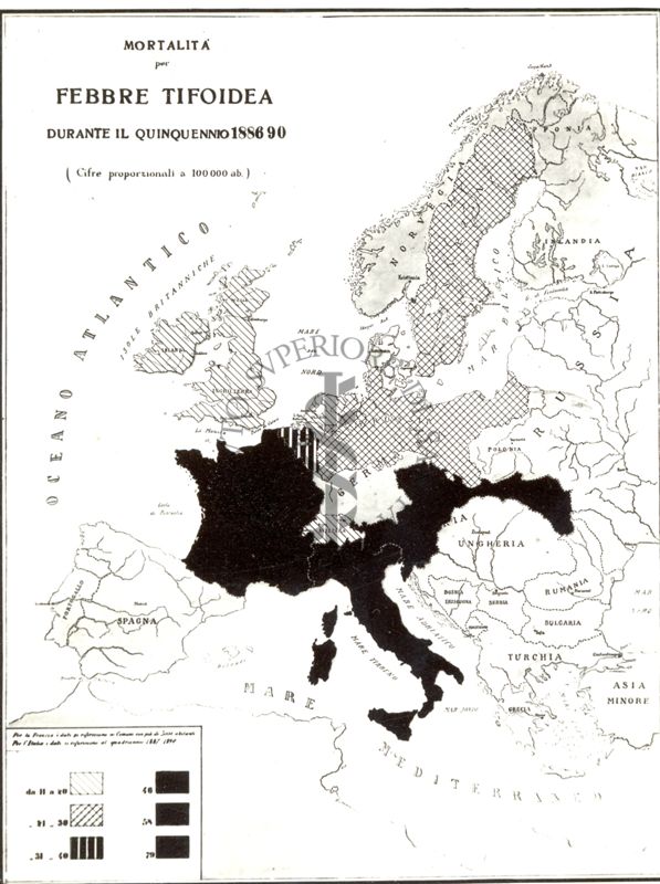 Carta d'Europa riguardante la mortalità per febbre tifoidea durante il quinquennio 1886-90