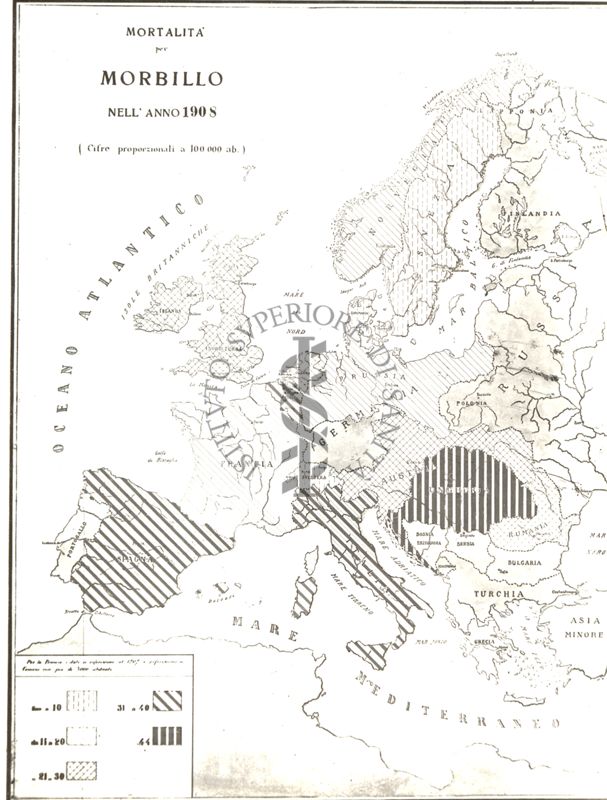 Carta d'Europa riguardante la mortalità per morbillo nell'anno 1908