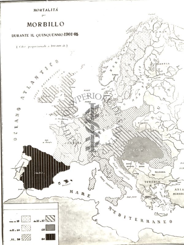 Carta d'Europa riguardante la mortalità per morbillo durante il quinquennio 1901-05