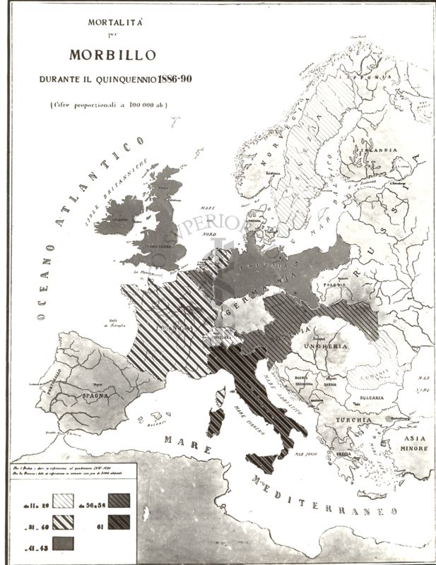 Carta d'Europa riguardante la mortalità di morbillo durante il quinquennio 1886-90