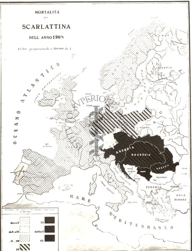 Carta d'Europa riguardante la mortalità per scarlattina nell'anno 1908