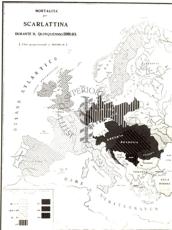 Carta d'Europa riguardante la mortalità per scarlattina durante il quinquennio 1901-05