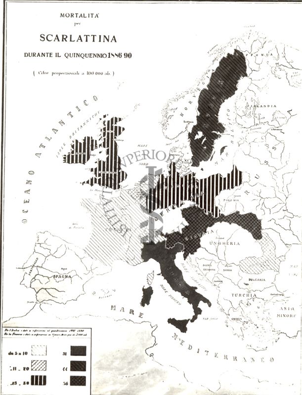 Carta d'Europa riguardante la mortalità per scarlattina nel quinquennio 1886-90