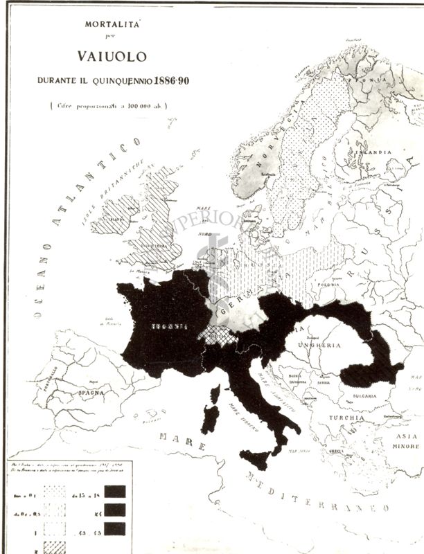 Carta d'Europa riguardante la mortalità per vaiolo durante il quinquennio 1886-90