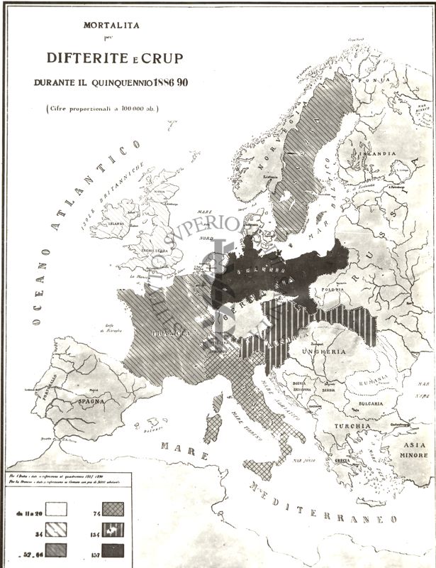 Carta d'Europa riguardante la mortalità per difterite e Crup nel quinquennio 1886-90