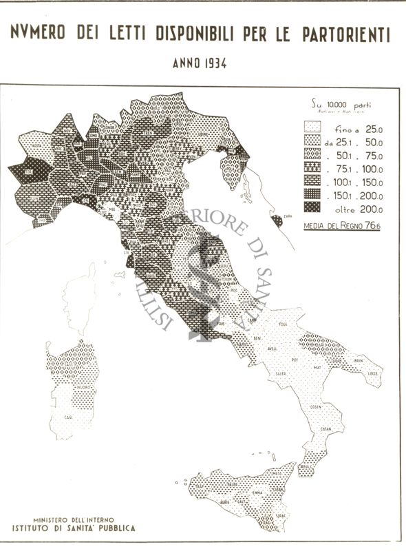 Cartogramma riguardante il numero dei letti disponibili per partorienti nell'anno 1934