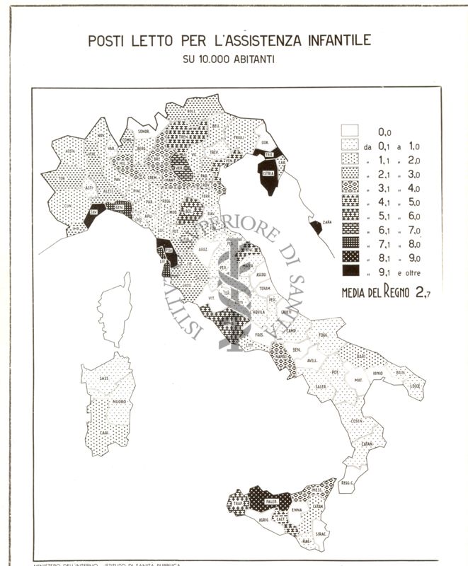 Cartogramma riguardante i posti letto per l'assistenza infantile al 31dicembre 1939