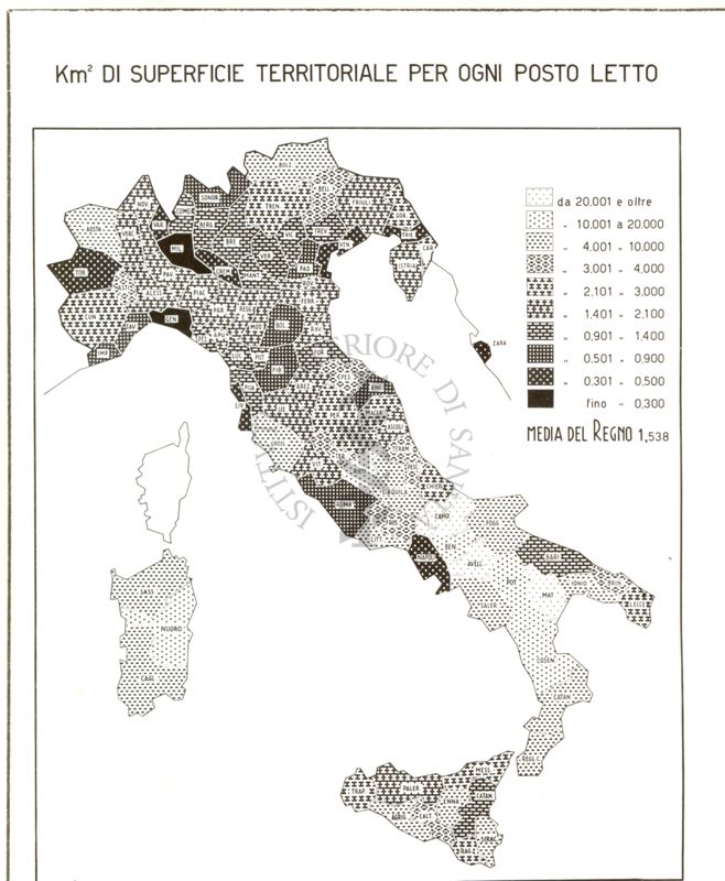 Cartogramma riguardante i Km quadrati di superfice territoriale per ogni posto letto al 31 dicembre 1939