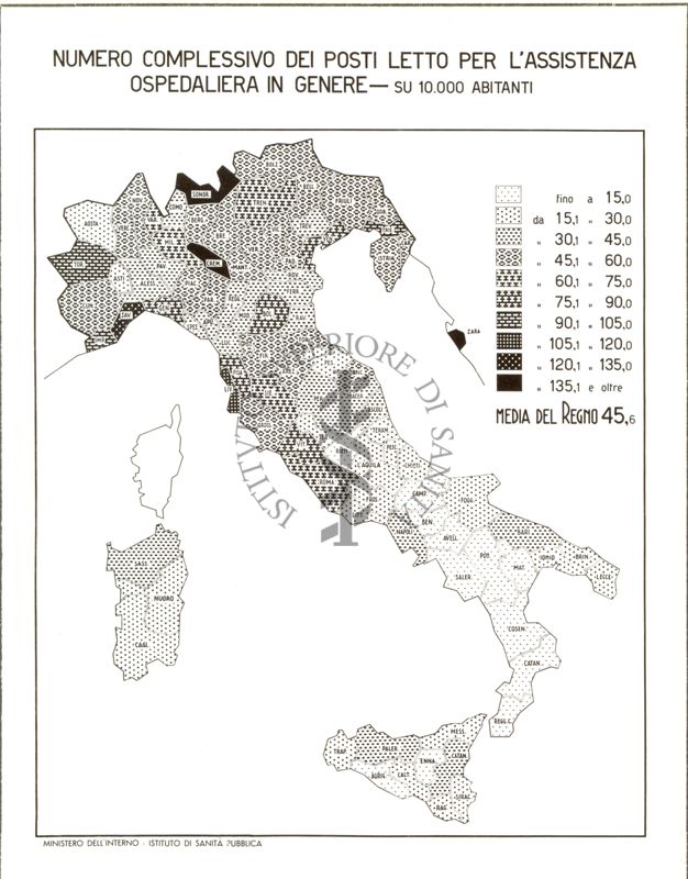 Cartogramma riguardante il numero complessivo dei posti letto per l'assistenza ospedaliera in genere al 31 dicembre 1939