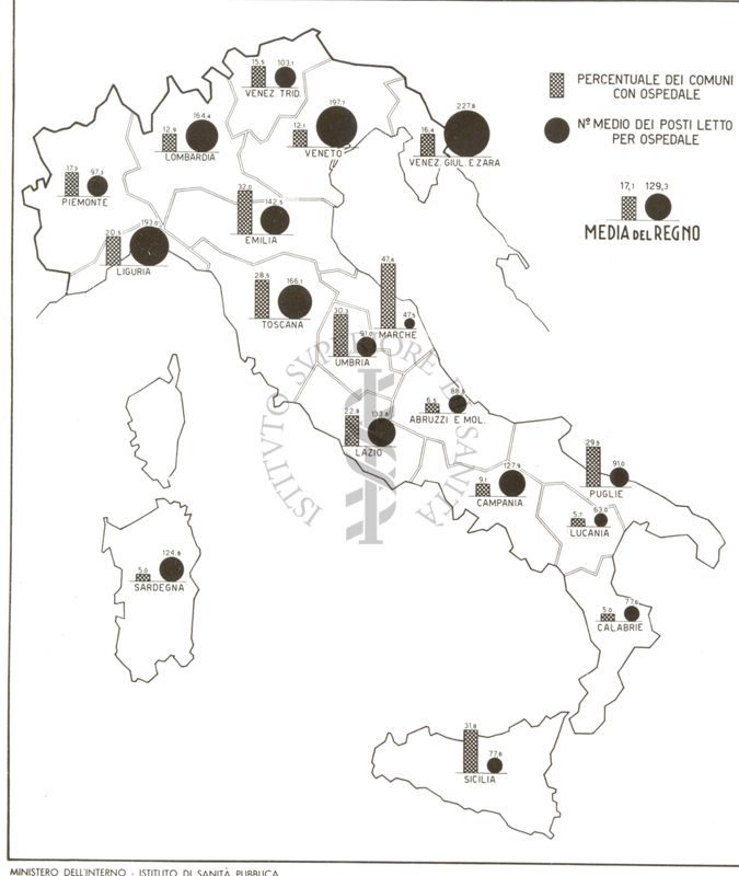 Cartogramma riguardante la percentuale dei comuni con ospedale ed il numero dei posti letto al 31 dicembre 1940