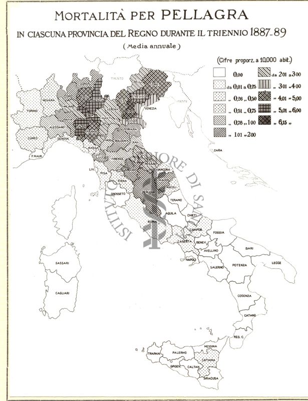 Cartogramma riguardante la mortalità per pellagra in ciascuna provincia del Regno durante il triennio 1887-89