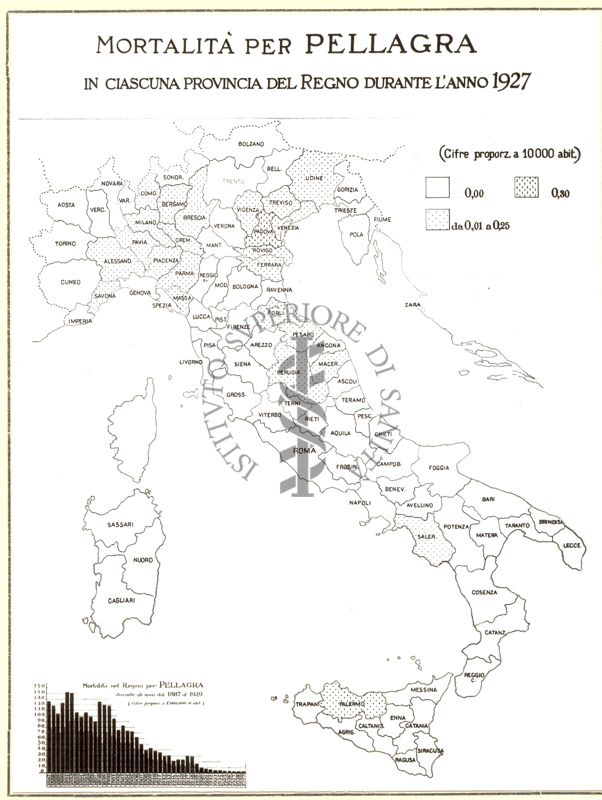 Cartogramma riguardante la mortalità per pellagra in ciascuna provincia del Regno durante l'anno 1927