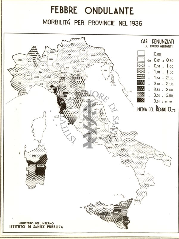 Cartogramma riguardante la febbre ondulante. Morbilità per province nel 1936.