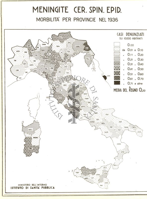 Cartogramma riguardante la meningite Cerebro Spinale Epidemiologica. Morbilità per province nel 1936.