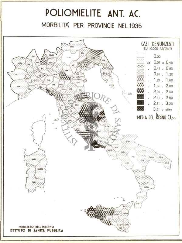 Cartogramma riguardante la poliomielite Ant. Ac. morbilità per province nel 1936