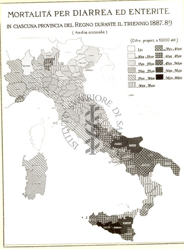Cartogramma riguardante la mortalità per diarrea ed enterite in ciascuna provincia del Regno durante il triennio 1887-89