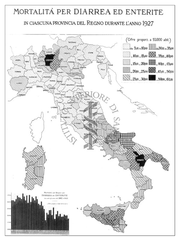Cartogramma riguardante la mortalità per diarrea ed enterite in ciascuna provincia del Regno durante l'anno 1927