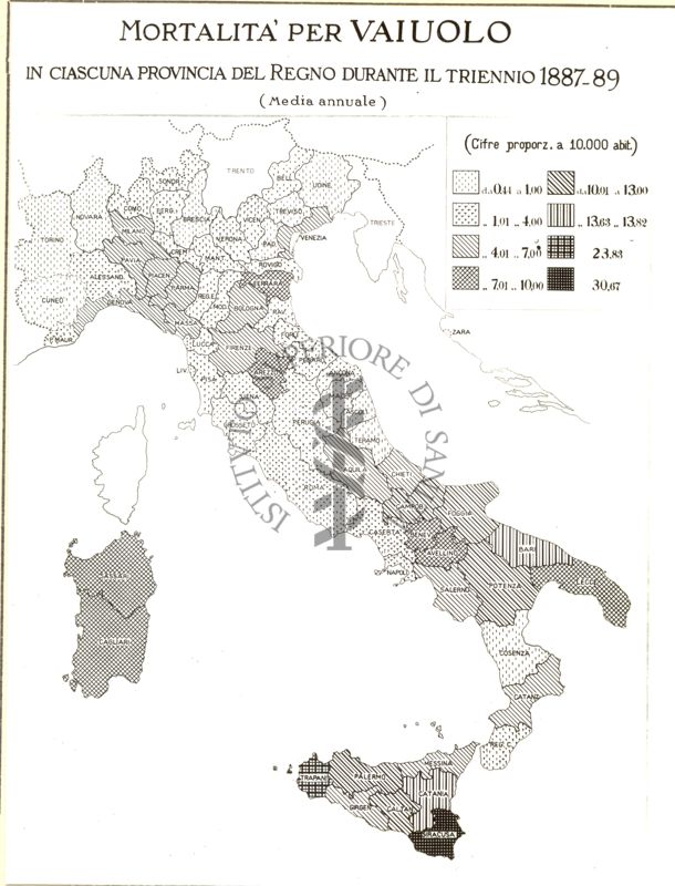 Cartogramma riguardante la mortalità per vaiolo in ciascuna provincia del Regno durante il triennio 1887-1889