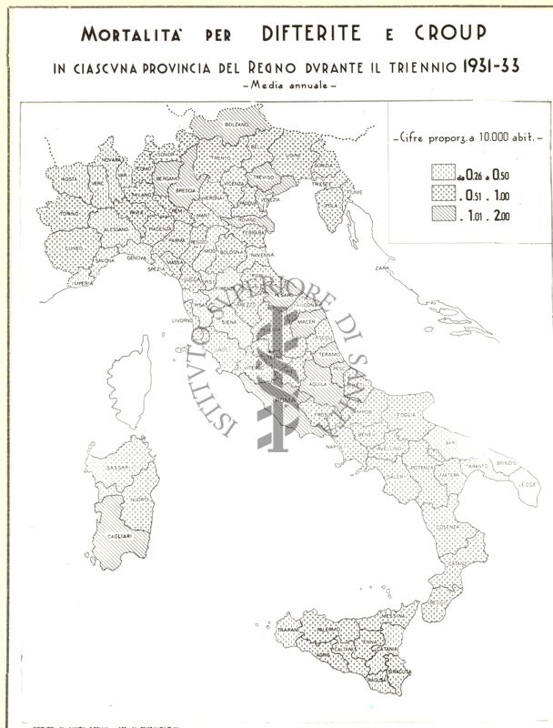 Cartogramma riguardante la mortalità per difterite e Croup in ciascuna provincia del Regno durante il triennio 1931-1933