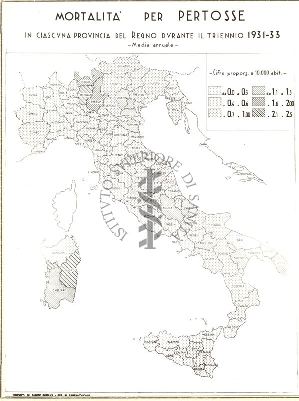 Cartogramma riguardante la mortalità per pertosse in ciascuna provincia del Regno durante il triennio 1931-33