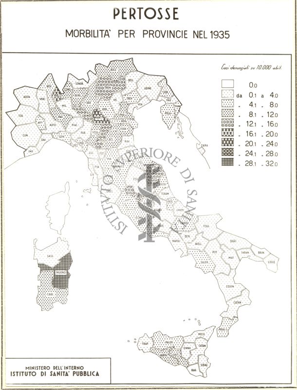 Cartogramma riguardante la morbilità per province nel 1935 per pertosse