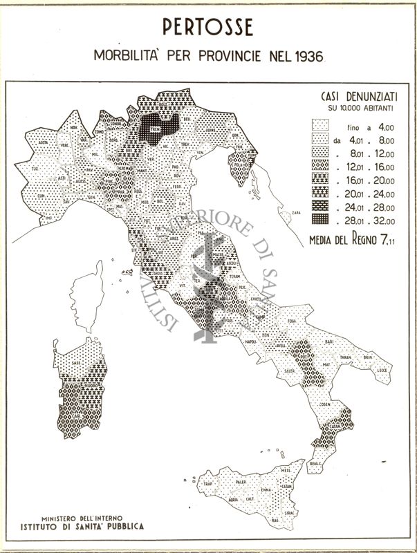 Cartogramma riguardante la morbilità per province durante l'anno 1936 per pertosse