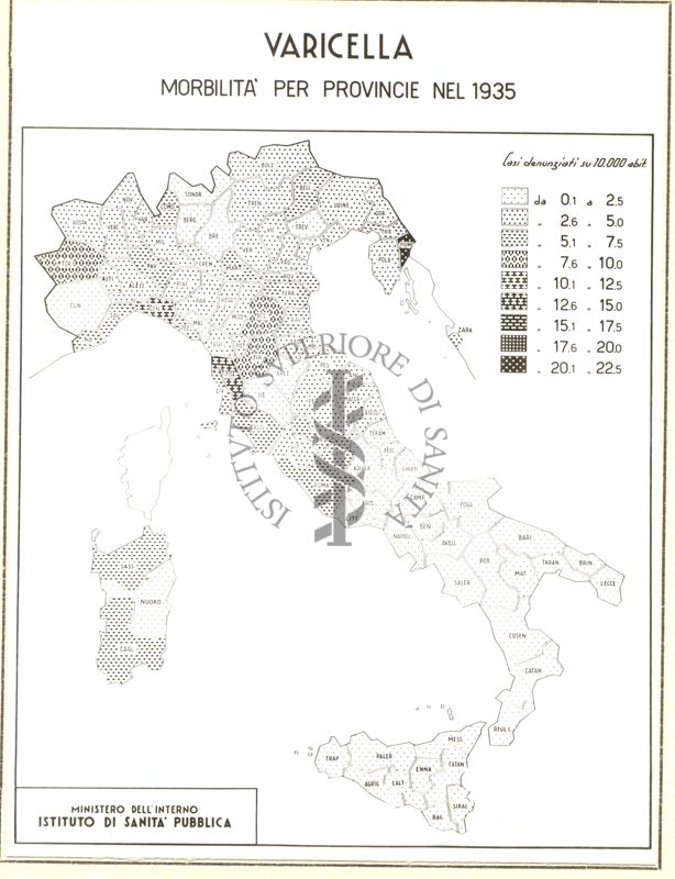 Cartogramma riguardante la morbilità per province nell'anno 1935 per varicella