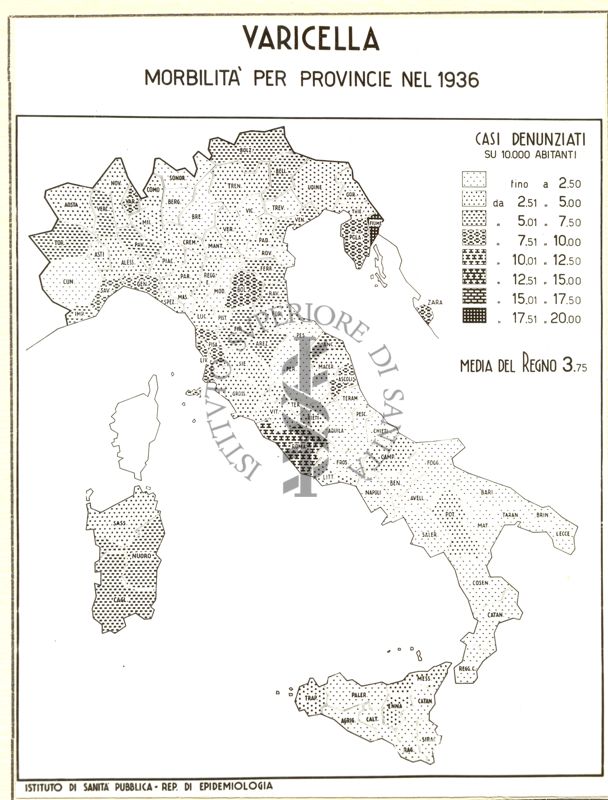 Cartogramma riguardante la morbilità per province nell'anno 1936 per varicella