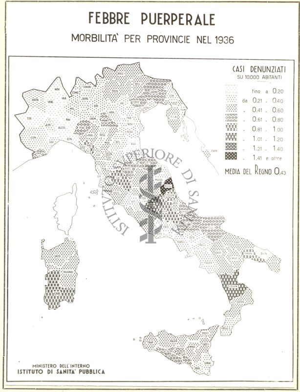 Cartogramma riguardante la morbilità per province durante l'anno 1936 per Febbre Puerperale