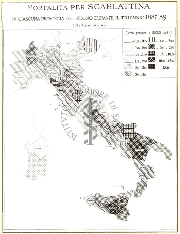 Cartogramma riguardante la mortalità per scarlattina in ciascuna provincia del Regno durante il triennio 1887-89