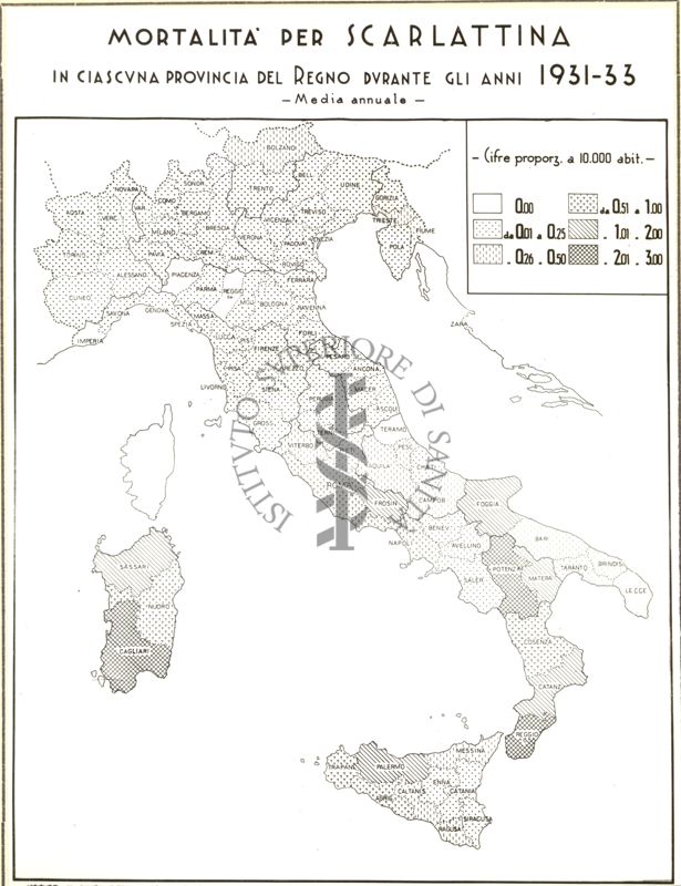 Cartogramma riguardante la mortalità per scarlattina in ciascuna provincia del Regno durante gli anni 1931-1933