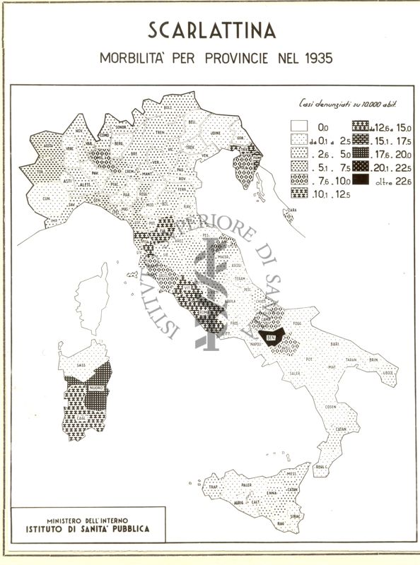 Cartogramma riguardante la morbilità per Province nell'anno 1935 per scarlattina