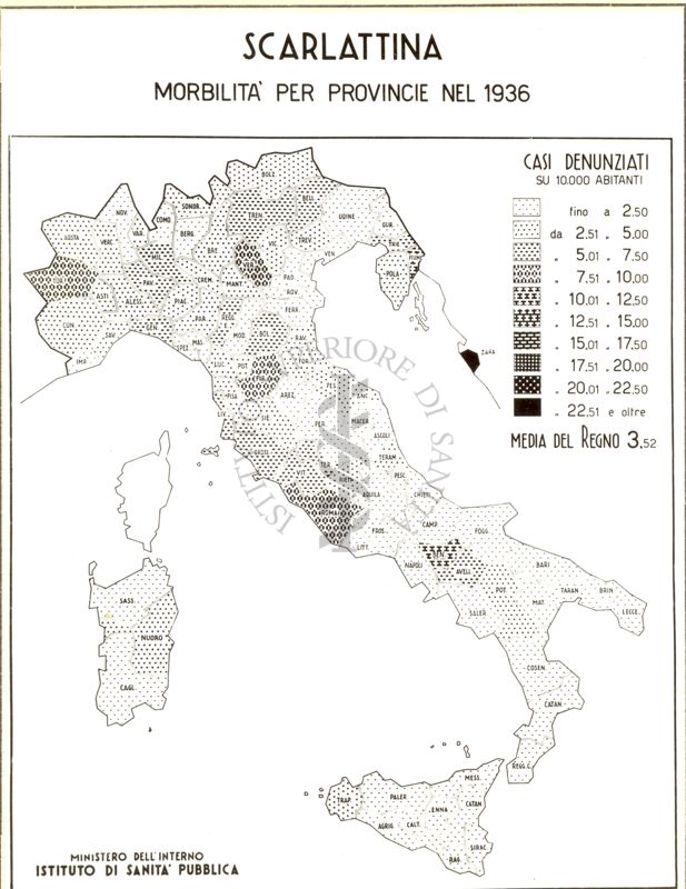 Cartogramma riguardante la morbilità per province nell'anno 1936 per scarlattina