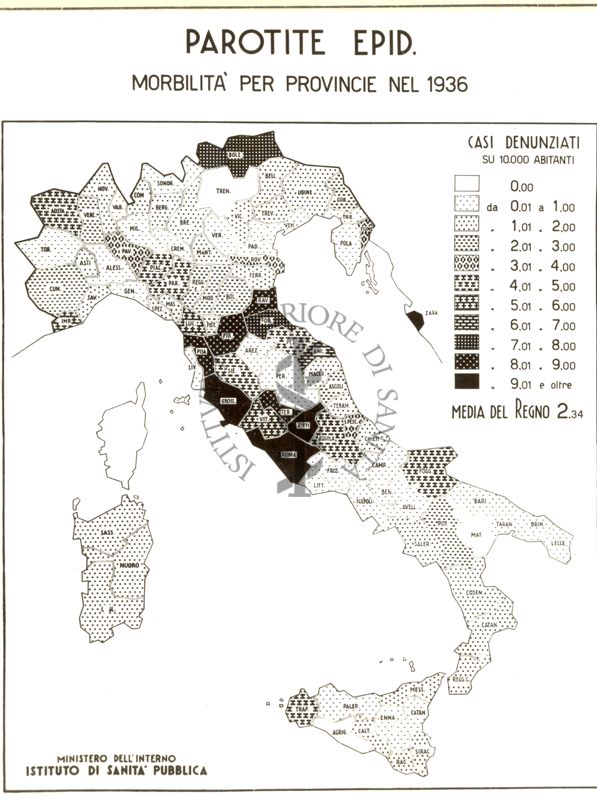 Cartogramma riguardante la morbilità per province nell'anno 1936 per parotite Epidemiologica
