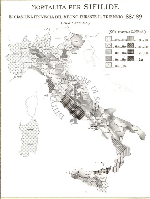 Cartogramma riguardante la mortalità per sifilide in ciascuna provincia del Regno durante il triennio 1887-1889