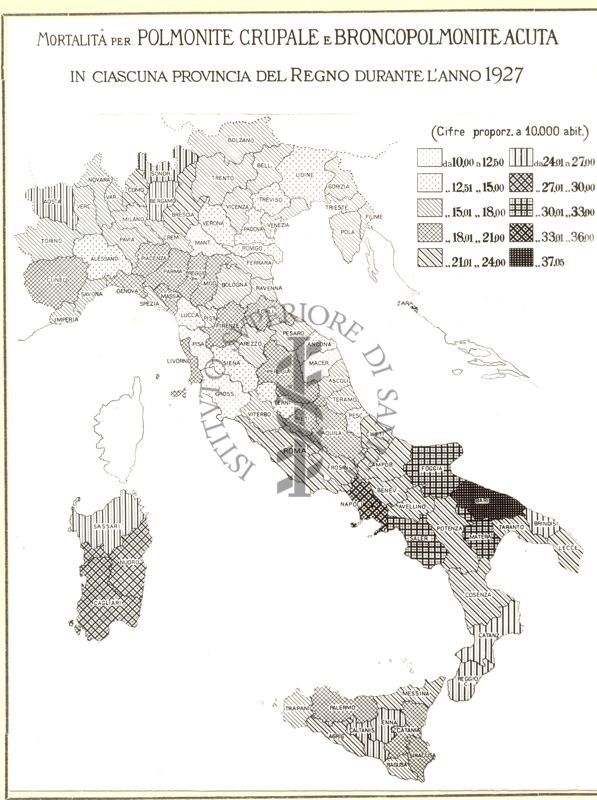 Cartogramma riguardante la mortalità per polmonite crupale e broncopolmonite acuta in ciascuna provincia del Regno durante l'anno 1927