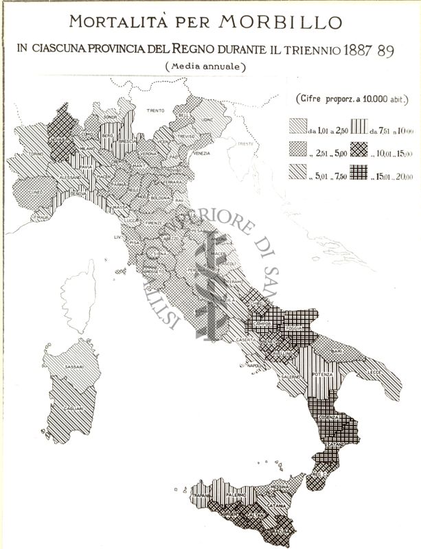 Cartogramma riguardante la mortalità per morbillo in ciascuna provincia del Regno durante il triennio 1887-1889