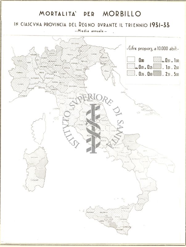 Cartogramma riguardante la mortalità per morbillo in ciascuna provincia del Regno durante il triennio 1931-1933