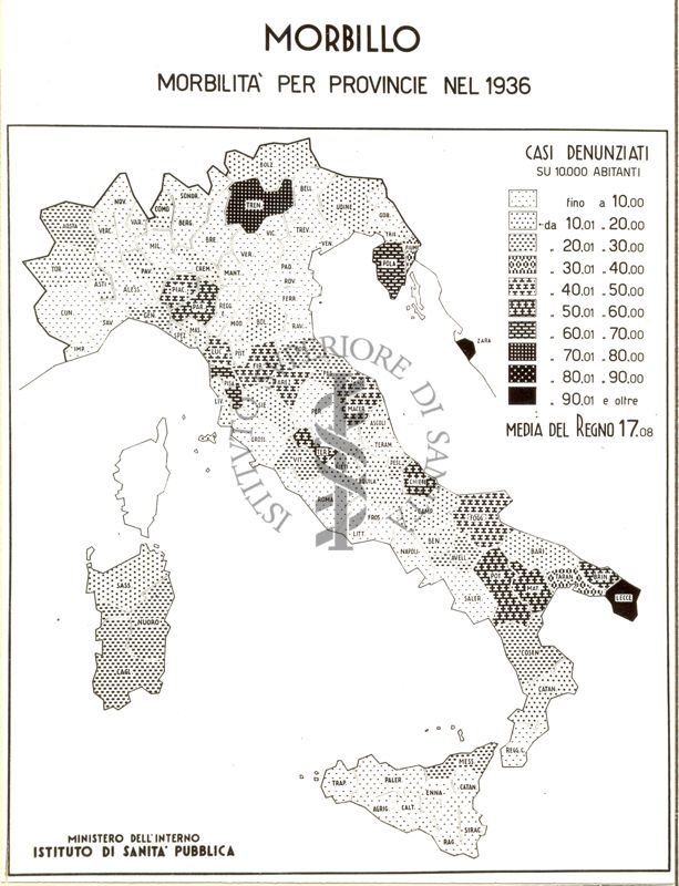 Cartogramma riguardante la morbilità per province nel 1936 per morbillo