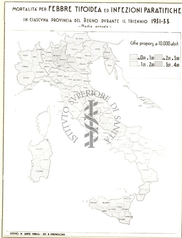 Cartogramma riguardante la mortalità per febbre tifoidea ed infezioni paratifiche in ciascuna provincia del Regno durante il triennio 1931-1933
