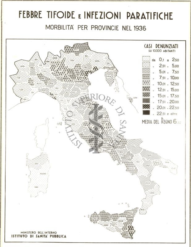 Cartogramma riguardante la febbre tifoide e infezioni paratifiche. Morbilità per province nel 1936