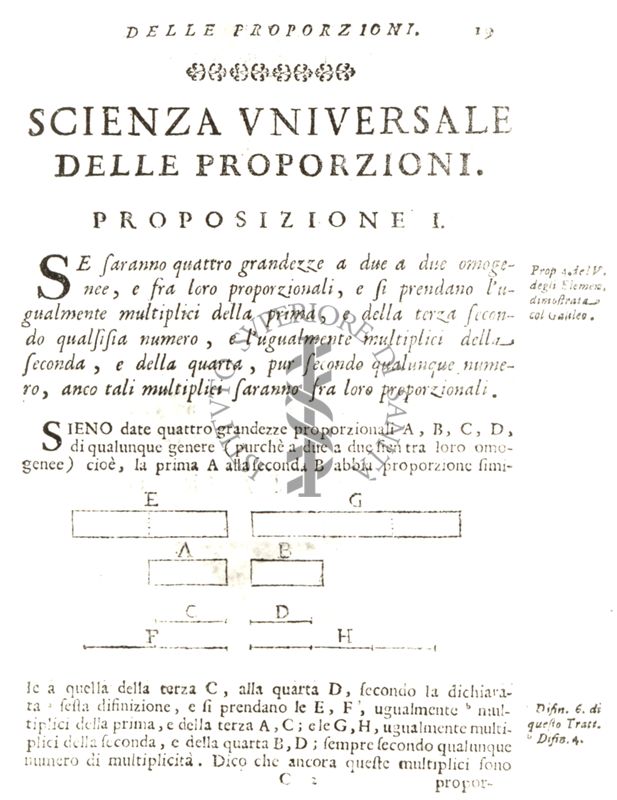 Frontespizio del libro antico Scienza universale delle proporzioni, pubblicato nel 1674