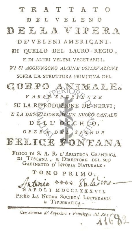 Frontespizio del libro antico Trattato del veleno della vipera, pubblicato nel 1787